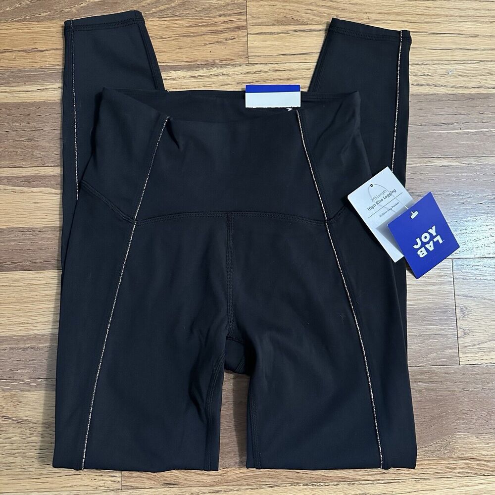 NWT JoyLab Black High-Waisted Leggings w/ Gold Shimmer Threading, 7/8 Length, XS
